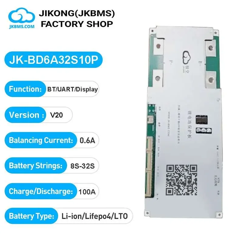 JK BMS V20 BD6A32S10P | 100A Continuous Discharge | 0.6A Active Balancer | 8S-32S LiFePO4/Li-ion/LTO Smart BMS — JK (Jikong BMS)